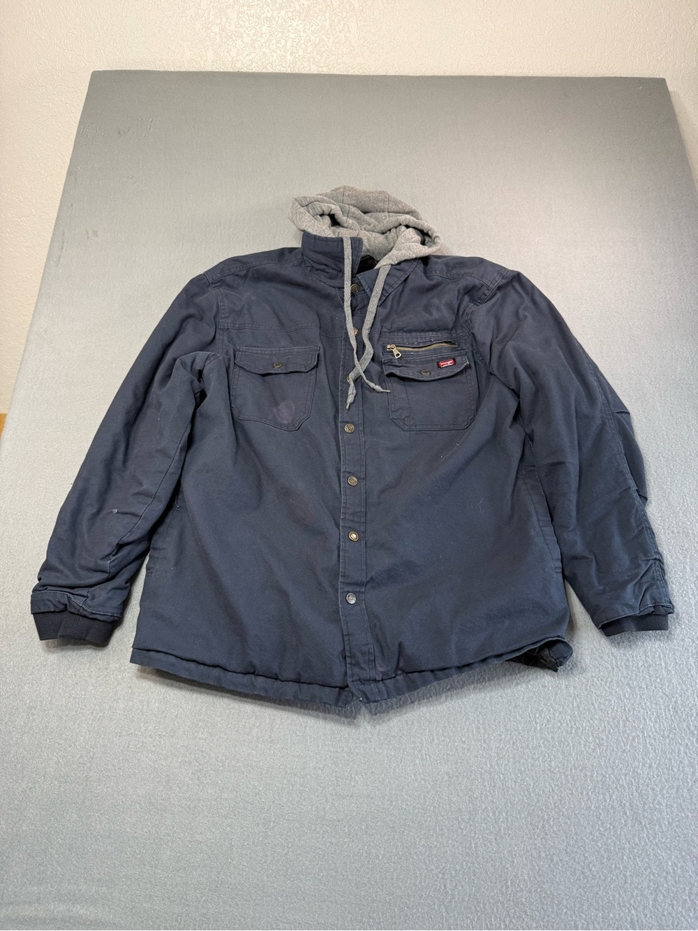 Wrangler Men's L Hooded Lined Work Jacket Blue/Gray Button Zip 42-44